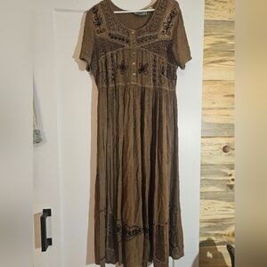 embroidered rayon dress made in india Brown Floral Embroidered A-Line Rayon Dress – Veldress main image 0